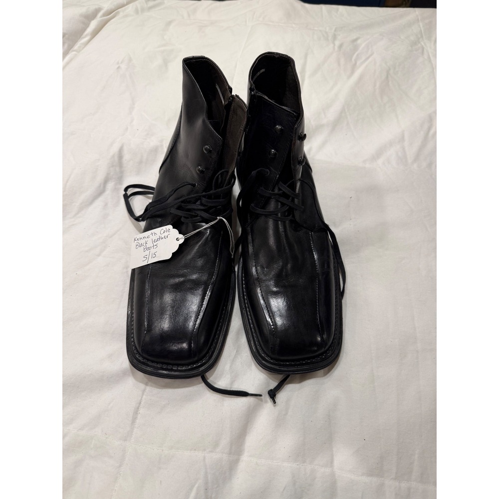 Kenneth Cole New York Mens Black Leather Square Toe Zip Lace Up Boots Size 15